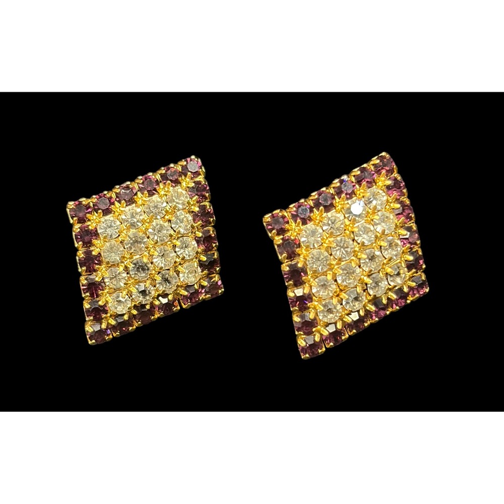 Vintage 1950s Amethyst Clear Rhinestone Geometric Clip On Earrings Gold Tone